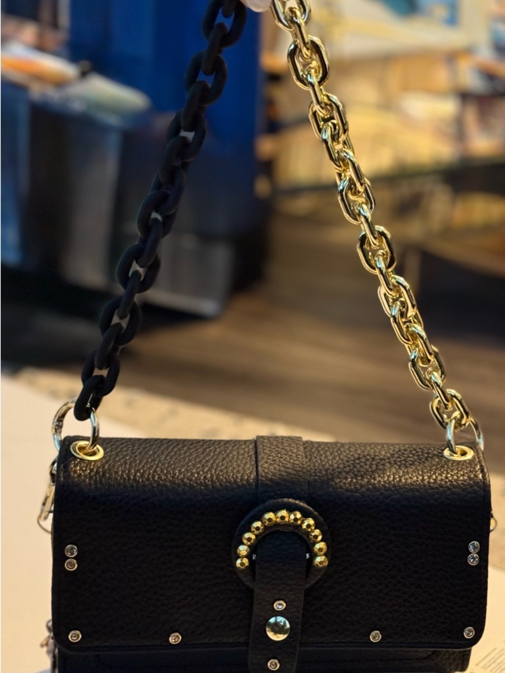 Black Leather Crossbody with Gold Chain and Stud Detail
